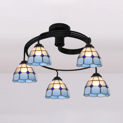 Stained Glass Ceiling Light Fixture Tiffany Style 3/5 Lights Semi Flush Mount Light in White/Blue/Clear 5 Clear Clearhalo 'Ceiling Lights' 'Close To Ceiling Lights' 'Close to ceiling' 'Glass shade' 'Glass' 'Semi-flushmount' 'Tiffany close to ceiling' 'Tiffany' Lighting' 27441