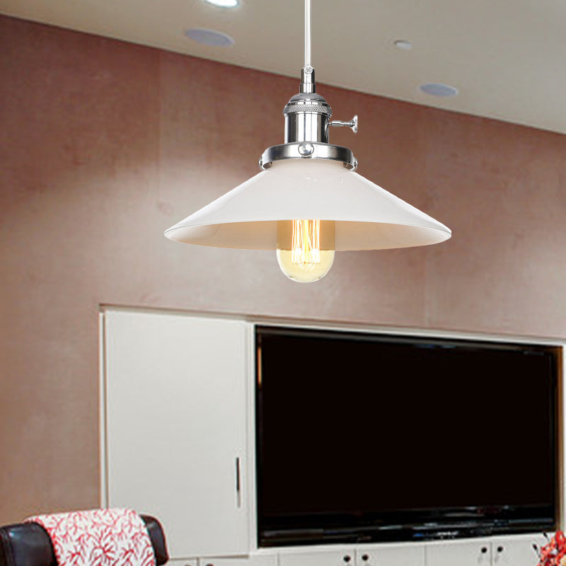 Conic Restaurant Hanging Lighting White Glass 1 Head Vintage Style Height Adjustable Pendant Lamp in Black/Bronze/Brass Clearhalo 'Art Deco Pendants' 'Black' 'Cast Iron' 'Ceiling Lights' 'Ceramic' 'Crystal' 'Industrial Pendants' 'Industrial' 'Metal' 'Middle Century Pendants' 'Pendant Lights' 'Pendants' 'Rustic Pendants' 'Tiffany' Lighting' 274420