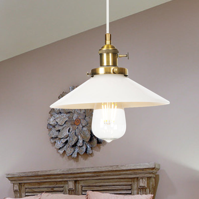 Conic Restaurant Hanging Lighting White Glass 1 Head Vintage Style Height Adjustable Pendant Lamp in Black/Bronze/Brass Brass Clearhalo 'Art Deco Pendants' 'Black' 'Cast Iron' 'Ceiling Lights' 'Ceramic' 'Crystal' 'Industrial Pendants' 'Industrial' 'Metal' 'Middle Century Pendants' 'Pendant Lights' 'Pendants' 'Rustic Pendants' 'Tiffany' Lighting' 274427