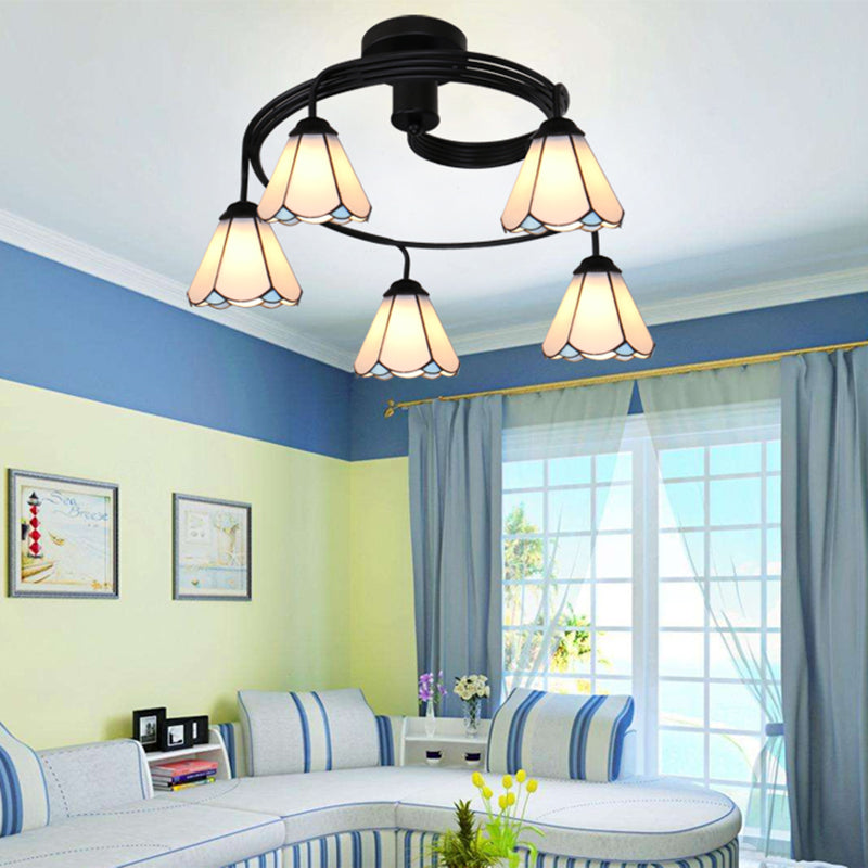 Stained Glass Ceiling Light Fixture Tiffany Style 3/5 Lights Semi Flush Mount Light in White/Blue/Clear 5 White Clearhalo 'Ceiling Lights' 'Close To Ceiling Lights' 'Close to ceiling' 'Glass shade' 'Glass' 'Semi-flushmount' 'Tiffany close to ceiling' 'Tiffany' Lighting' 27443
