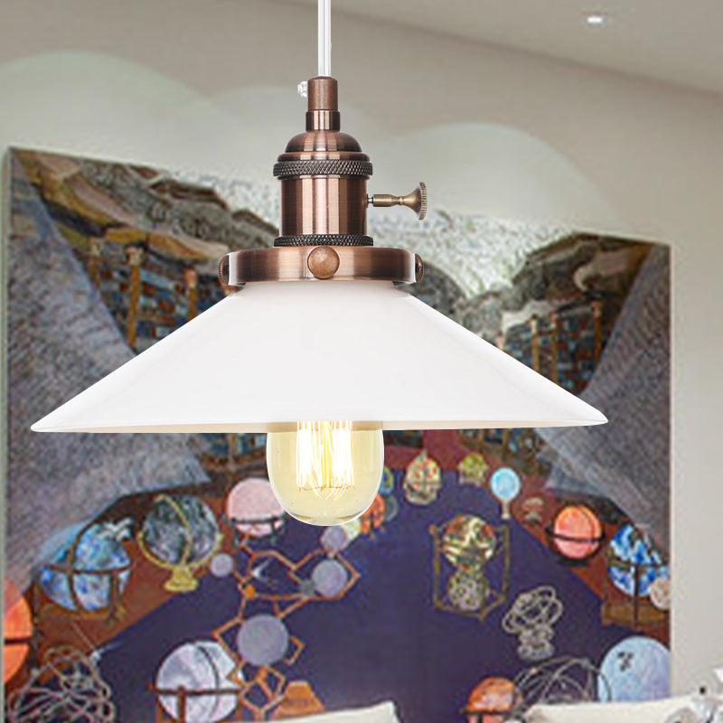 Conic Restaurant Hanging Lighting White Glass 1 Head Vintage Style Height Adjustable Pendant Lamp in Black/Bronze/Brass Copper Clearhalo 'Art Deco Pendants' 'Black' 'Cast Iron' 'Ceiling Lights' 'Ceramic' 'Crystal' 'Industrial Pendants' 'Industrial' 'Metal' 'Middle Century Pendants' 'Pendant Lights' 'Pendants' 'Rustic Pendants' 'Tiffany' Lighting' 274431