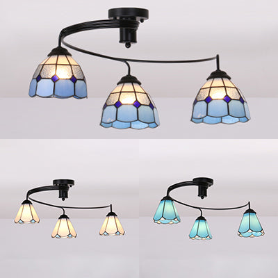 Stained Glass Ceiling Light Fixture Tiffany Style 3/5 Lights Semi Flush Mount Light in White/Blue/Clear Clearhalo 'Ceiling Lights' 'Close To Ceiling Lights' 'Close to ceiling' 'Glass shade' 'Glass' 'Semi-flushmount' 'Tiffany close to ceiling' 'Tiffany' Lighting' 27444