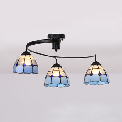 Stained Glass Ceiling Light Fixture Tiffany Style 3/5 Lights Semi Flush Mount Light in White/Blue/Clear 3 Clear Clearhalo 'Ceiling Lights' 'Close To Ceiling Lights' 'Close to ceiling' 'Glass shade' 'Glass' 'Semi-flushmount' 'Tiffany close to ceiling' 'Tiffany' Lighting' 27446
