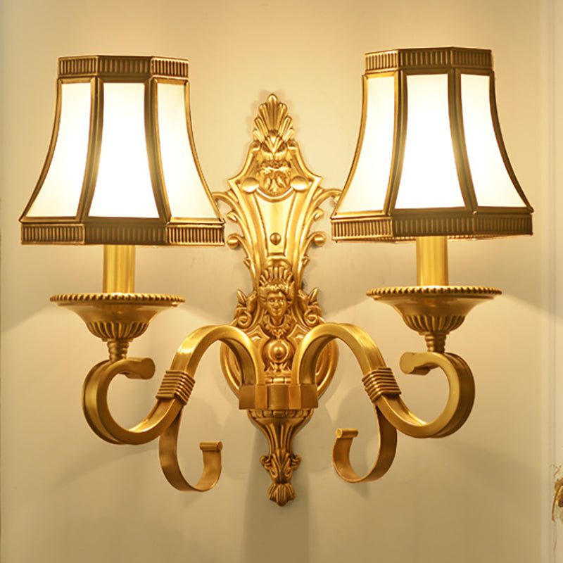 Brass Cone Wall Lamp Traditionalist Metal 1/2 Lights Bedroom Wall Mount Lighting with Beveled Glass Panel 2.0 Brass Clearhalo 'Wall Lamps & Sconces' 'Wall Lights' Lighting' 274495