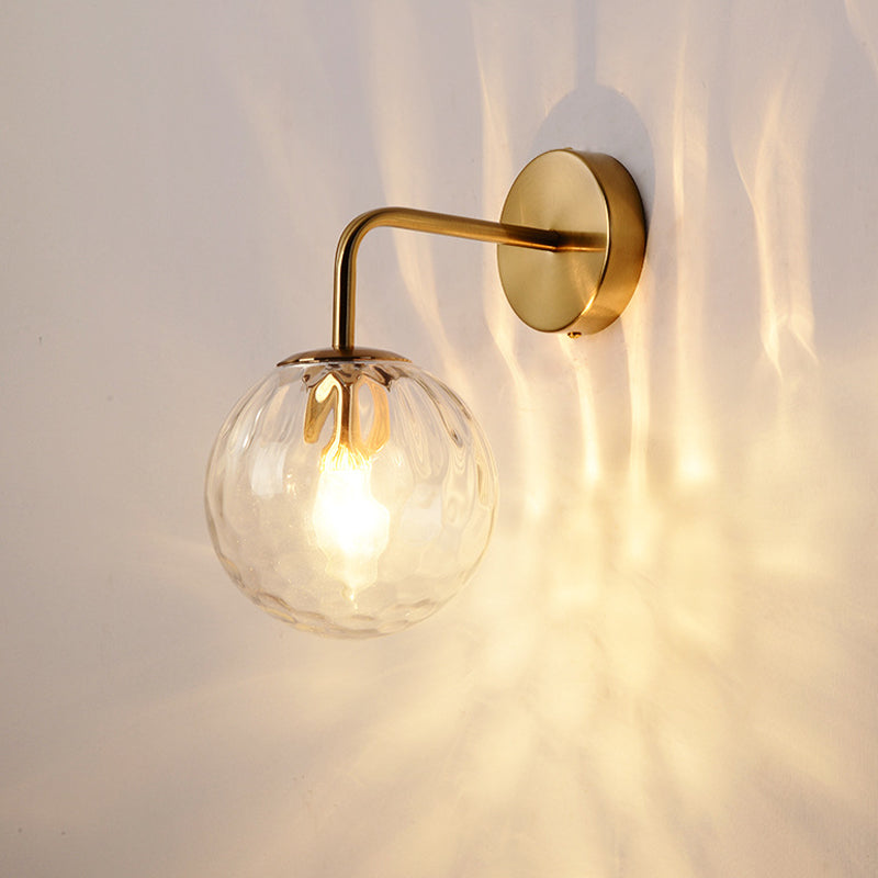 Rippled Glass Sphere Wall Lamp Minimalist 1 Light Gold Wall Sconce Lighting with Arm Clearhalo 'Cast Iron' 'Glass' 'Industrial' 'Modern wall lights' 'Modern' 'Tiffany' 'Traditional wall lights' 'Wall Lamps & Sconces' 'Wall Lights' Lighting' 274553