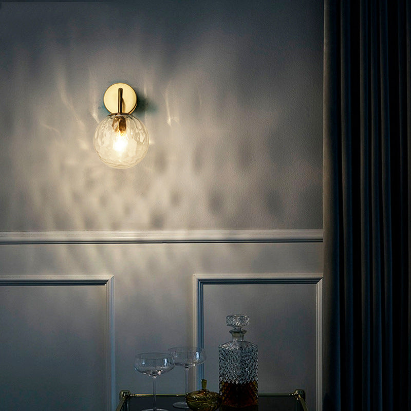 Rippled Glass Sphere Wall Lamp Minimalist 1 Light Gold Wall Sconce Lighting with Arm Clearhalo 'Cast Iron' 'Glass' 'Industrial' 'Modern wall lights' 'Modern' 'Tiffany' 'Traditional wall lights' 'Wall Lamps & Sconces' 'Wall Lights' Lighting' 274555