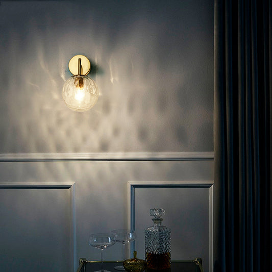 Rippled Glass Sphere Wall Lamp Minimalist 1 Light Gold Wall Sconce Lighting with Arm Clearhalo 'Cast Iron' 'Glass' 'Industrial' 'Modern wall lights' 'Modern' 'Tiffany' 'Traditional wall lights' 'Wall Lamps & Sconces' 'Wall Lights' Lighting' 274555