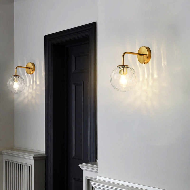 Rippled Glass Sphere Wall Lamp Minimalist 1 Light Gold Wall Sconce Lighting with Arm Clearhalo 'Cast Iron' 'Glass' 'Industrial' 'Modern wall lights' 'Modern' 'Tiffany' 'Traditional wall lights' 'Wall Lamps & Sconces' 'Wall Lights' Lighting' 274556