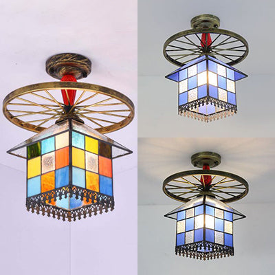 Stained Glass House Semi Flush Light Rustic Lodge 1 Bulb Semi Flushmount with Wheel in Antique Bronze/Clear/Blue Clearhalo 'Ceiling Lights' 'Close To Ceiling Lights' 'Close to ceiling' 'Glass shade' 'Glass' 'Semi-flushmount' 'Tiffany close to ceiling' 'Tiffany' Lighting' 27494