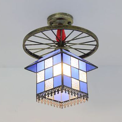 Stained Glass House Semi Flush Light Rustic Lodge 1 Bulb Semi Flushmount with Wheel in Antique Bronze/Clear/Blue Blue Clearhalo 'Ceiling Lights' 'Close To Ceiling Lights' 'Close to ceiling' 'Glass shade' 'Glass' 'Semi-flushmount' 'Tiffany close to ceiling' 'Tiffany' Lighting' 27495