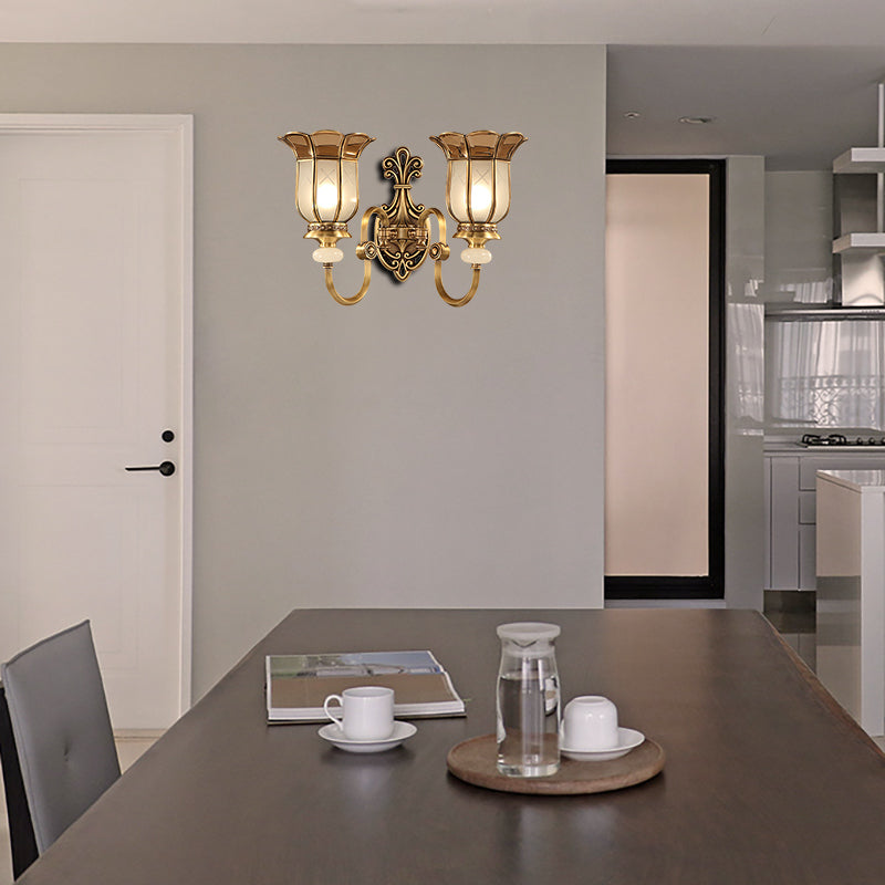 Flower Metal Wall Sconce Traditional Brass 1/2-Bulb Living Room Wall Lighting Fixture Clearhalo 'Wall Lamps & Sconces' 'Wall Lights' Lighting' 274959