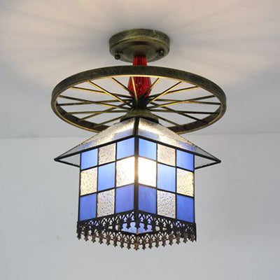 Stained Glass House Semi Flush Light Rustic Lodge 1 Bulb Semi Flushmount with Wheel in Antique Bronze/Clear/Blue Clear Clearhalo 'Ceiling Lights' 'Close To Ceiling Lights' 'Close to ceiling' 'Glass shade' 'Glass' 'Semi-flushmount' 'Tiffany close to ceiling' 'Tiffany' Lighting' 27496