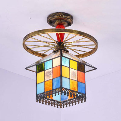 Stained Glass House Semi Flush Light Rustic Lodge 1 Bulb Semi Flushmount with Wheel in Antique Bronze/Clear/Blue Clearhalo 'Ceiling Lights' 'Close To Ceiling Lights' 'Close to ceiling' 'Glass shade' 'Glass' 'Semi-flushmount' 'Tiffany close to ceiling' 'Tiffany' Lighting' 27497