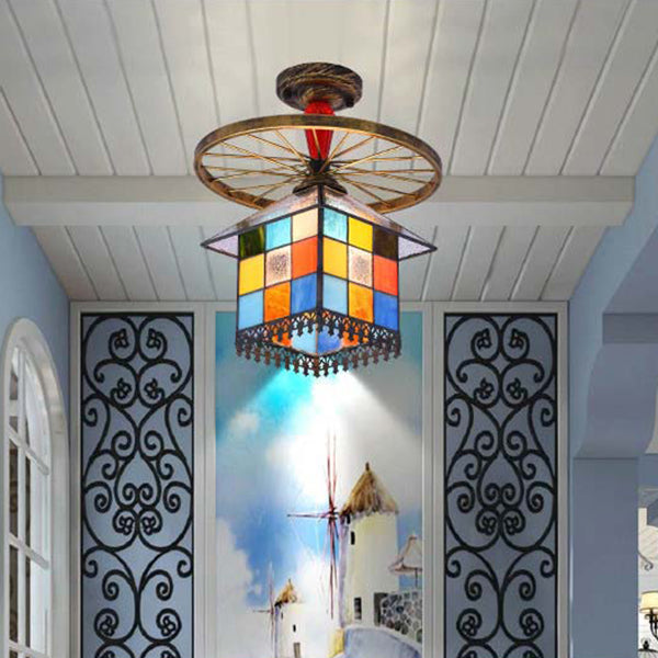Stained Glass House Semi Flush Light Rustic Lodge 1 Bulb Semi Flushmount with Wheel in Antique Bronze/Clear/Blue Antique Bronze Clearhalo 'Ceiling Lights' 'Close To Ceiling Lights' 'Close to ceiling' 'Glass shade' 'Glass' 'Semi-flushmount' 'Tiffany close to ceiling' 'Tiffany' Lighting' 27498