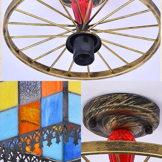 Stained Glass House Semi Flush Light Rustic Lodge 1 Bulb Semi Flushmount with Wheel in Antique Bronze/Clear/Blue Clearhalo 'Ceiling Lights' 'Close To Ceiling Lights' 'Close to ceiling' 'Glass shade' 'Glass' 'Semi-flushmount' 'Tiffany close to ceiling' 'Tiffany' Lighting' 27499
