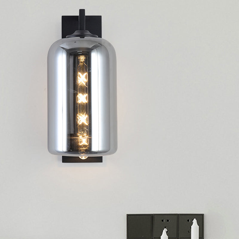 Mason Jar Shaped Wall Sconce Retro Style Closed Glass 1 Bulb Wall Light Fixture with Arm in Black - Clearhalo - 'Cast Iron' - 'Glass' - 'Industrial' - 'Modern wall lights' - 'Modern' - 'Tiffany' - 'Traditional wall lights' - 'Wall Lamps & Sconces' - 'Wall Lights' - Lighting' - 275003