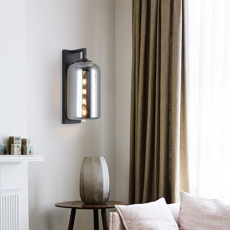 Mason Jar Shaped Wall Sconce Retro Style Closed Glass 1 Bulb Wall Light Fixture with Arm in Black - Clearhalo - 'Cast Iron' - 'Glass' - 'Industrial' - 'Modern wall lights' - 'Modern' - 'Tiffany' - 'Traditional wall lights' - 'Wall Lamps & Sconces' - 'Wall Lights' - Lighting' - 275005