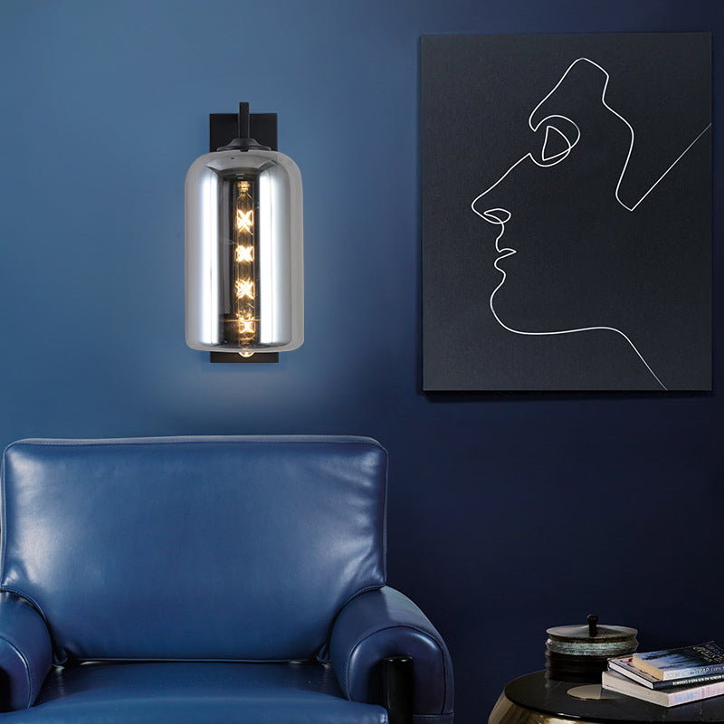 Mason Jar Shaped Wall Sconce Retro Style Closed Glass 1 Bulb Wall Light Fixture with Arm in Black - Clearhalo - 'Cast Iron' - 'Glass' - 'Industrial' - 'Modern wall lights' - 'Modern' - 'Tiffany' - 'Traditional wall lights' - 'Wall Lamps & Sconces' - 'Wall Lights' - Lighting' - 275006