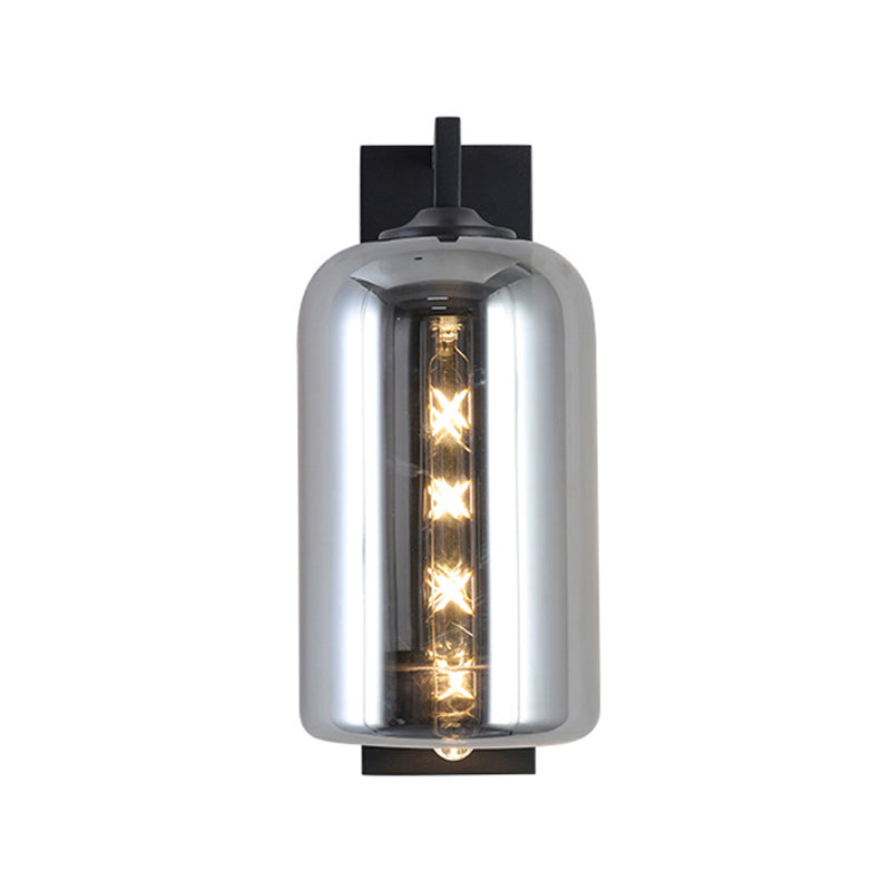 Mason Jar Shaped Wall Sconce Retro Style Closed Glass 1 Bulb Wall Light Fixture with Arm in Black - Clearhalo - 'Cast Iron' - 'Glass' - 'Industrial' - 'Modern wall lights' - 'Modern' - 'Tiffany' - 'Traditional wall lights' - 'Wall Lamps & Sconces' - 'Wall Lights' - Lighting' - 275007