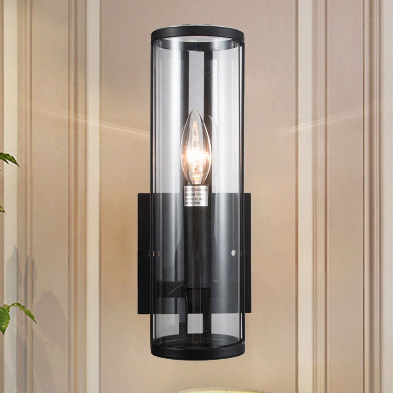 1 Bulb Black Wall Sconce Modern Style Clear Cylindrical Glass Wall Mounted Lamp Clearhalo 'Cast Iron' 'Glass' 'Industrial' 'Modern wall lights' 'Modern' 'Tiffany' 'Traditional wall lights' 'Wall Lamps & Sconces' 'Wall Lights' Lighting' 275059