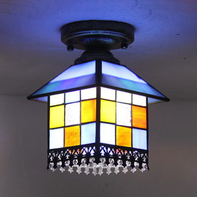1 Head House Flush Lighting Rustic Lodge Style Stained Glass Flush Mount Lamp in Black/Blue/Brass/Clear/Blue-Clear for Foyer Blue Clearhalo 'Ceiling Lights' 'Close To Ceiling Lights' 'Close to ceiling' 'Glass shade' 'Glass' 'Semi-flushmount' 'Tiffany close to ceiling' 'Tiffany' Lighting' 27505