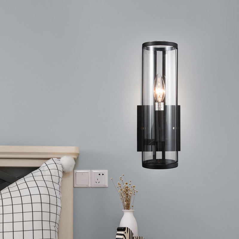 1 Bulb Black Wall Sconce Modern Style Clear Cylindrical Glass Wall Mounted Lamp Clearhalo 'Cast Iron' 'Glass' 'Industrial' 'Modern wall lights' 'Modern' 'Tiffany' 'Traditional wall lights' 'Wall Lamps & Sconces' 'Wall Lights' Lighting' 275060