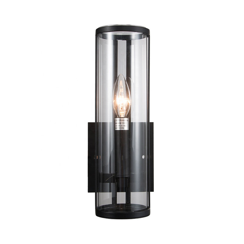 1 Bulb Black Wall Sconce Modern Style Clear Cylindrical Glass Wall Mounted Lamp Clearhalo 'Cast Iron' 'Glass' 'Industrial' 'Modern wall lights' 'Modern' 'Tiffany' 'Traditional wall lights' 'Wall Lamps & Sconces' 'Wall Lights' Lighting' 275061