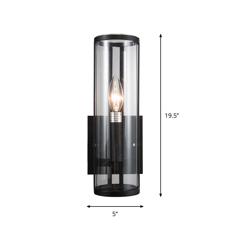 1 Bulb Black Wall Sconce Modern Style Clear Cylindrical Glass Wall Mounted Lamp Clearhalo 'Cast Iron' 'Glass' 'Industrial' 'Modern wall lights' 'Modern' 'Tiffany' 'Traditional wall lights' 'Wall Lamps & Sconces' 'Wall Lights' Lighting' 275062
