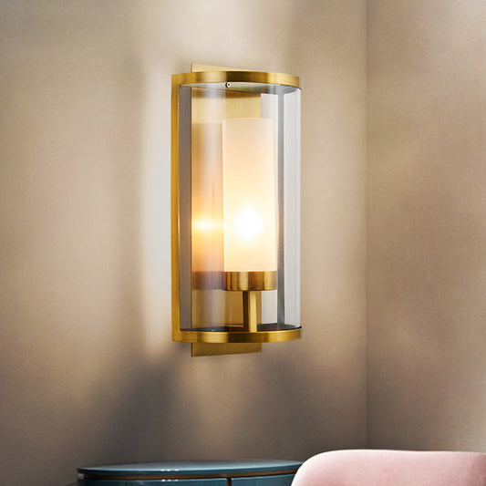 Modern Style 1 Bulb Wall Sconce Gold Semi Cylinder Wall Mount Lamp with Clear Glass Shade Gold Clearhalo 'Cast Iron' 'Glass' 'Industrial' 'Modern wall lights' 'Modern' 'Tiffany' 'Traditional wall lights' 'Wall Lamps & Sconces' 'Wall Lights' Lighting' 275084