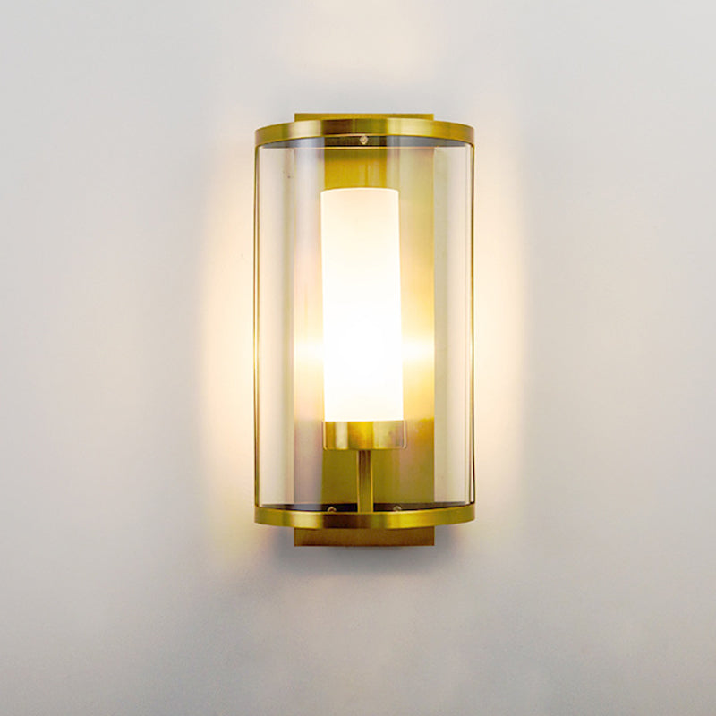 Modern Style 1 Bulb Wall Sconce Gold Semi Cylinder Wall Mount Lamp with Clear Glass Shade - Clearhalo - 'Cast Iron' - 'Glass' - 'Industrial' - 'Modern wall lights' - 'Modern' - 'Tiffany' - 'Traditional wall lights' - 'Wall Lamps & Sconces' - 'Wall Lights' - Lighting' - 275085