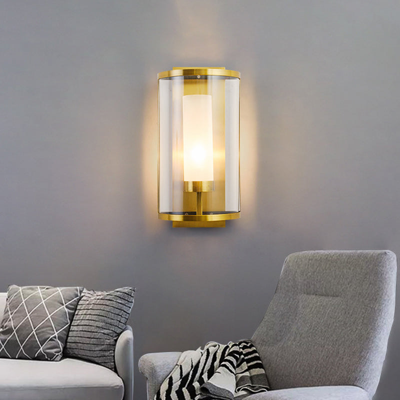 Modern Style 1 Bulb Wall Sconce Gold Semi Cylinder Wall Mount Lamp with Clear Glass Shade - Clearhalo - 'Cast Iron' - 'Glass' - 'Industrial' - 'Modern wall lights' - 'Modern' - 'Tiffany' - 'Traditional wall lights' - 'Wall Lamps & Sconces' - 'Wall Lights' - Lighting' - 275086