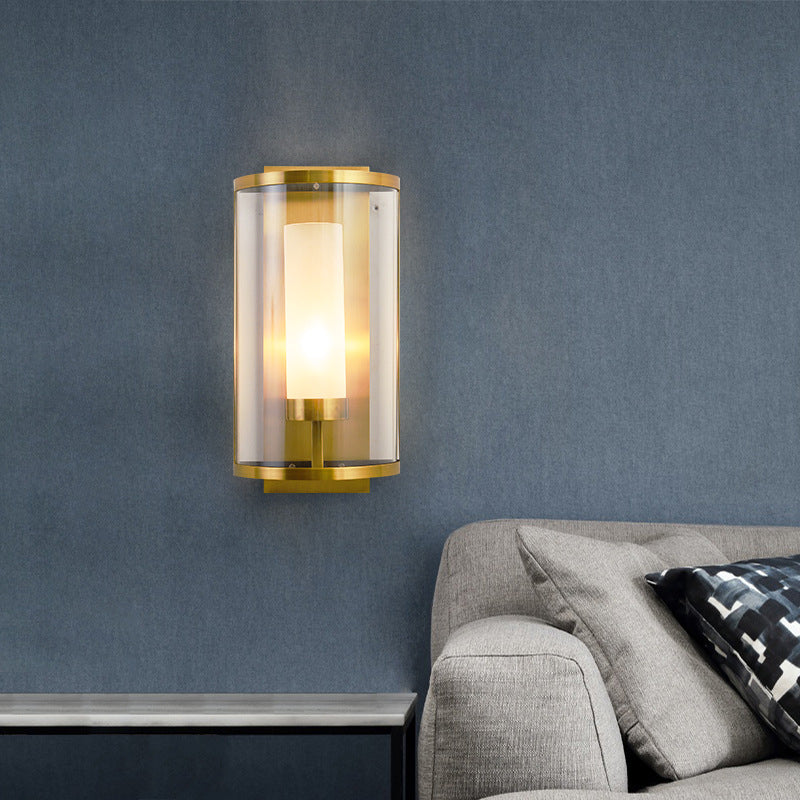 Modern Style 1 Bulb Wall Sconce Gold Semi Cylinder Wall Mount Lamp with Clear Glass Shade - Clearhalo - 'Cast Iron' - 'Glass' - 'Industrial' - 'Modern wall lights' - 'Modern' - 'Tiffany' - 'Traditional wall lights' - 'Wall Lamps & Sconces' - 'Wall Lights' - Lighting' - 275087