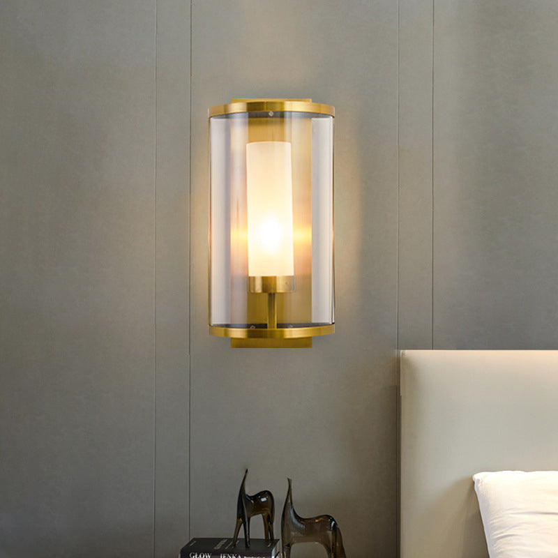 Modern Style 1 Bulb Wall Sconce Gold Semi Cylinder Wall Mount Lamp with Clear Glass Shade - Clearhalo - 'Cast Iron' - 'Glass' - 'Industrial' - 'Modern wall lights' - 'Modern' - 'Tiffany' - 'Traditional wall lights' - 'Wall Lamps & Sconces' - 'Wall Lights' - Lighting' - 275088