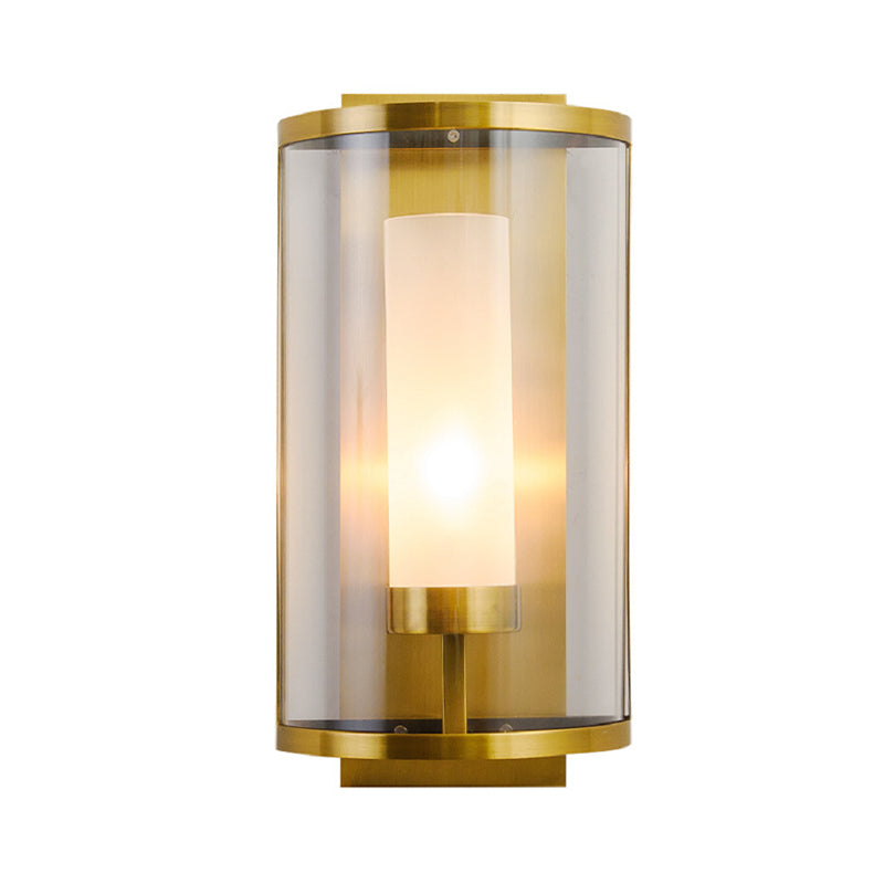 Modern Style 1 Bulb Wall Sconce Gold Semi Cylinder Wall Mount Lamp with Clear Glass Shade - Clearhalo - 'Cast Iron' - 'Glass' - 'Industrial' - 'Modern wall lights' - 'Modern' - 'Tiffany' - 'Traditional wall lights' - 'Wall Lamps & Sconces' - 'Wall Lights' - Lighting' - 275089
