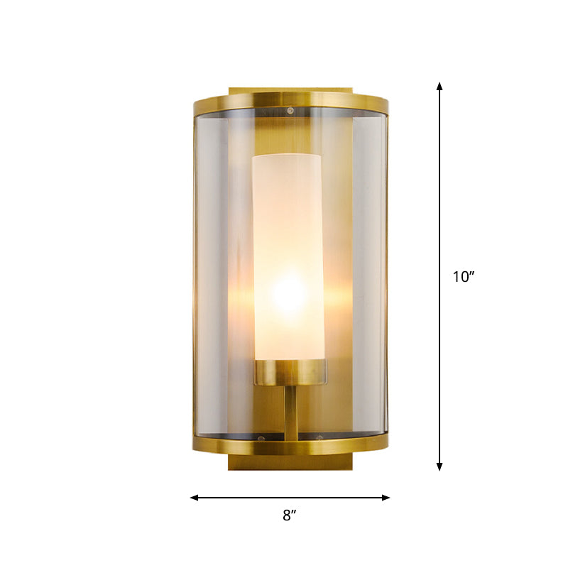 Modern Style 1 Bulb Wall Sconce Gold Semi Cylinder Wall Mount Lamp with Clear Glass Shade - Clearhalo - 'Cast Iron' - 'Glass' - 'Industrial' - 'Modern wall lights' - 'Modern' - 'Tiffany' - 'Traditional wall lights' - 'Wall Lamps & Sconces' - 'Wall Lights' - Lighting' - 275090