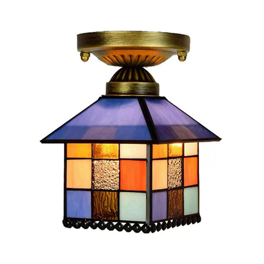 1 Head House Flush Lighting Rustic Lodge Style Stained Glass Flush Mount Lamp in Black/Blue/Brass/Clear/Blue-Clear for Foyer Clearhalo 'Ceiling Lights' 'Close To Ceiling Lights' 'Close to ceiling' 'Glass shade' 'Glass' 'Semi-flushmount' 'Tiffany close to ceiling' 'Tiffany' Lighting' 27511