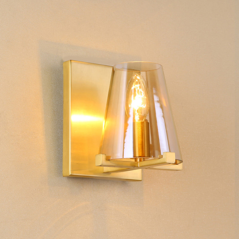 Modern Indoor Wall Sconce Conical Brass Glass Single Light Living Room Wall Mount Lamp - Clearhalo - 'Cast Iron' - 'Glass' - 'Industrial' - 'Modern wall lights' - 'Modern' - 'Tiffany' - 'Traditional wall lights' - 'Wall Lamps & Sconces' - 'Wall Lights' - Lighting' - 275148