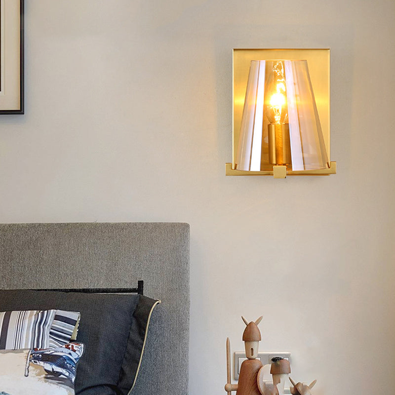 Modern Indoor Wall Sconce Conical Brass Glass Single Light Living Room Wall Mount Lamp - Clearhalo - 'Cast Iron' - 'Glass' - 'Industrial' - 'Modern wall lights' - 'Modern' - 'Tiffany' - 'Traditional wall lights' - 'Wall Lamps & Sconces' - 'Wall Lights' - Lighting' - 275149