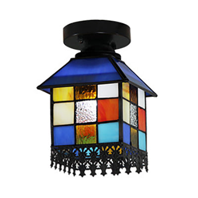1 Head House Flush Lighting Rustic Lodge Style Stained Glass Flush Mount Lamp in Black/Blue/Brass/Clear/Blue-Clear for Foyer Clearhalo 'Ceiling Lights' 'Close To Ceiling Lights' 'Close to ceiling' 'Glass shade' 'Glass' 'Semi-flushmount' 'Tiffany close to ceiling' 'Tiffany' Lighting' 27514