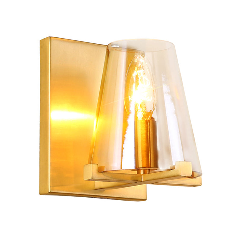 Modern Indoor Wall Sconce Conical Brass Glass Single Light Living Room Wall Mount Lamp - Clearhalo - 'Cast Iron' - 'Glass' - 'Industrial' - 'Modern wall lights' - 'Modern' - 'Tiffany' - 'Traditional wall lights' - 'Wall Lamps & Sconces' - 'Wall Lights' - Lighting' - 275151