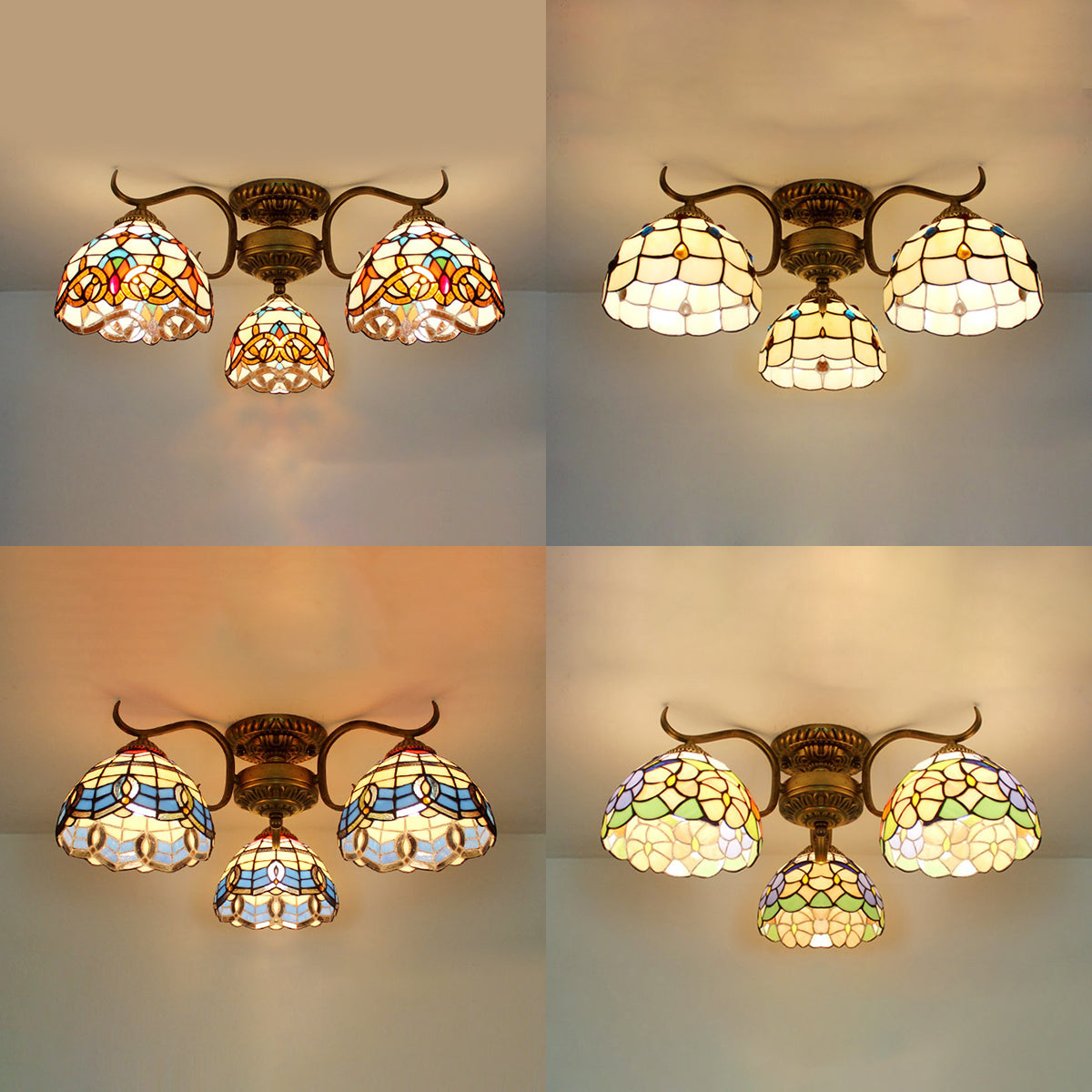 Tiffany Style Bowl Ceiling Light with Victorian/Gem/Flower/Baroque Design Stained Glass 3 Lights Semi Flush Mount in Beige Clearhalo 'Ceiling Lights' 'Close To Ceiling Lights' 'Close to ceiling' 'Glass shade' 'Glass' 'Semi-flushmount' 'Tiffany close to ceiling' 'Tiffany' Lighting' 27517