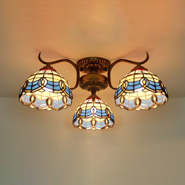 Tiffany Style Bowl Ceiling Light with Victorian/Gem/Flower/Baroque Design Stained Glass 3 Lights Semi Flush Mount in Beige Beige Baroque Clearhalo 'Ceiling Lights' 'Close To Ceiling Lights' 'Close to ceiling' 'Glass shade' 'Glass' 'Semi-flushmount' 'Tiffany close to ceiling' 'Tiffany' Lighting' 27518