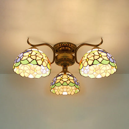 Tiffany Style Bowl Ceiling Light with Victorian/Gem/Flower/Baroque Design Stained Glass 3 Lights Semi Flush Mount in Beige Beige Flower Clearhalo 'Ceiling Lights' 'Close To Ceiling Lights' 'Close to ceiling' 'Glass shade' 'Glass' 'Semi-flushmount' 'Tiffany close to ceiling' 'Tiffany' Lighting' 27519