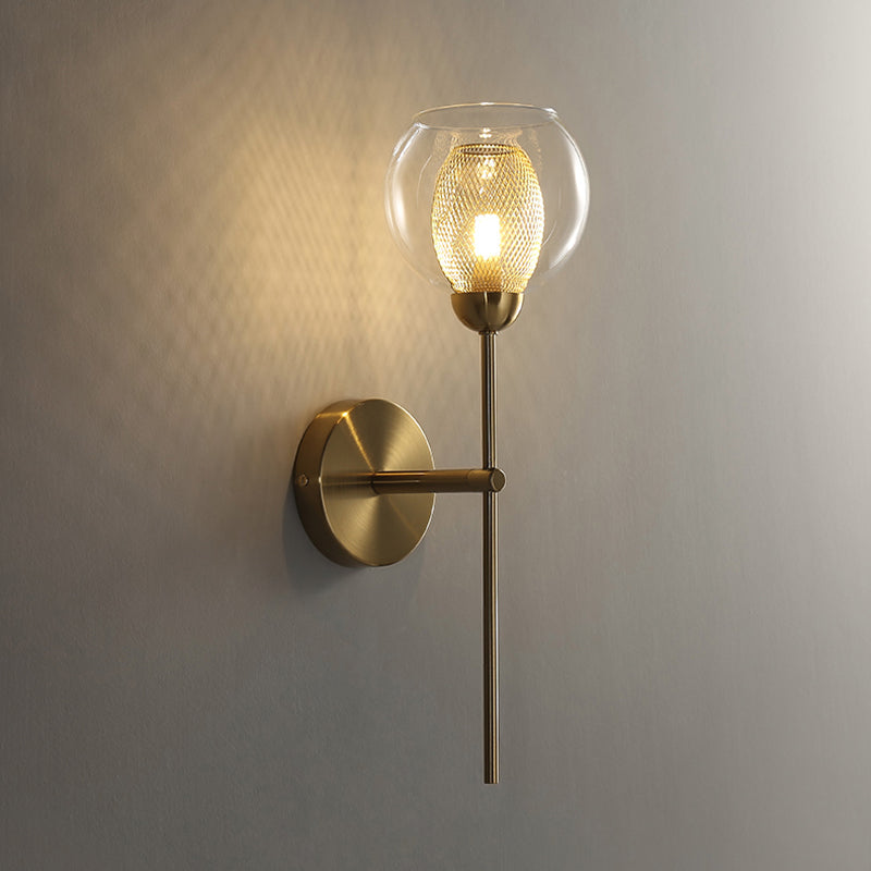 Dual Cup Shape Wall Mounted Lamp Modernist Single Clear Glass and Metallic Wall Light Sconce in Black/Gold Gold Clearhalo 'Cast Iron' 'Glass' 'Industrial' 'Modern wall lights' 'Modern' 'Tiffany' 'Traditional wall lights' 'Wall Lamps & Sconces' 'Wall Lights' Lighting' 275193