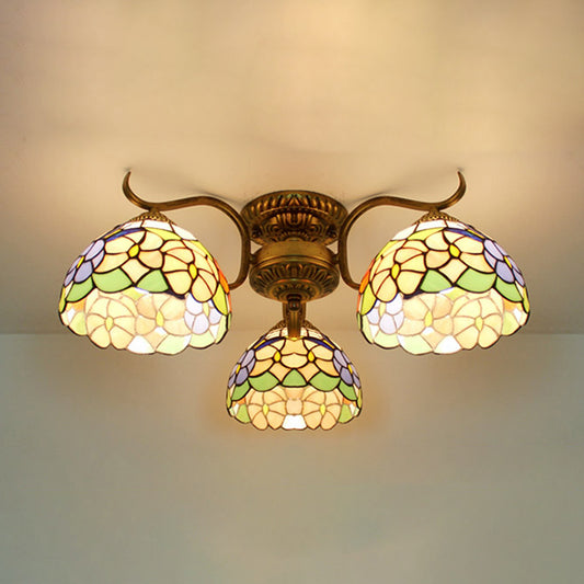 Tiffany Style Bowl Ceiling Light with Victorian/Gem/Flower/Baroque Design Stained Glass 3 Lights Semi Flush Mount in Beige Beige Flower Clearhalo 'Ceiling Lights' 'Close To Ceiling Lights' 'Close to ceiling' 'Glass shade' 'Glass' 'Semi-flushmount' 'Tiffany close to ceiling' 'Tiffany' Lighting' 27519