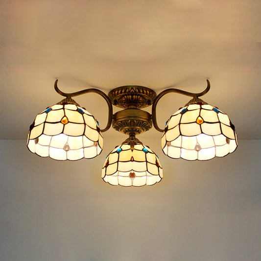Tiffany Style Bowl Ceiling Light with Victorian/Gem/Flower/Baroque Design Stained Glass 3 Lights Semi Flush Mount in Beige Beige Gem Clearhalo 'Ceiling Lights' 'Close To Ceiling Lights' 'Close to ceiling' 'Glass shade' 'Glass' 'Semi-flushmount' 'Tiffany close to ceiling' 'Tiffany' Lighting' 27520