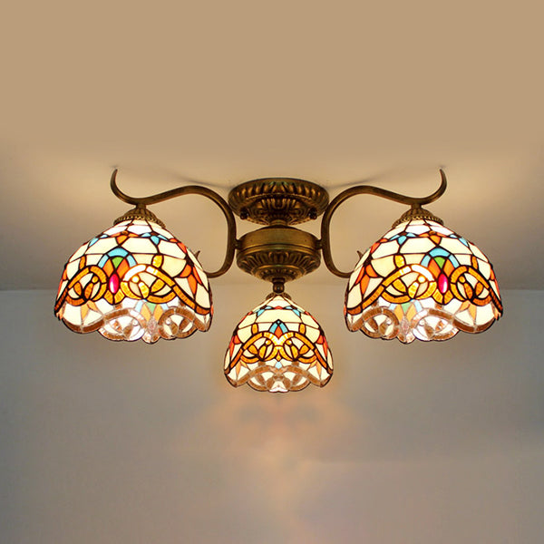 Tiffany Style Bowl Ceiling Light with Victorian/Gem/Flower/Baroque Design Stained Glass 3 Lights Semi Flush Mount in Beige Beige Victorian Clearhalo 'Ceiling Lights' 'Close To Ceiling Lights' 'Close to ceiling' 'Glass shade' 'Glass' 'Semi-flushmount' 'Tiffany close to ceiling' 'Tiffany' Lighting' 27521