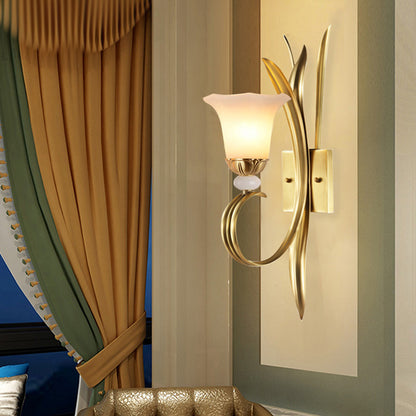 Brass Finish 1/2-Light Wall Mount Lamp Vintage Style Frosted Glass Flared Shade Wall Lighting for Hallway 1.0 Brass Clearhalo 'Wall Lamps & Sconces' 'Wall Lights' Lighting' 275252