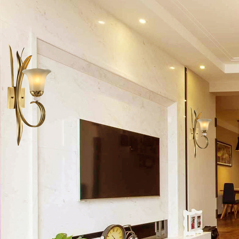 Brass Finish 1/2-Light Wall Mount Lamp Vintage Style Frosted Glass Flared Shade Wall Lighting for Hallway Clearhalo 'Wall Lamps & Sconces' 'Wall Lights' Lighting' 275254