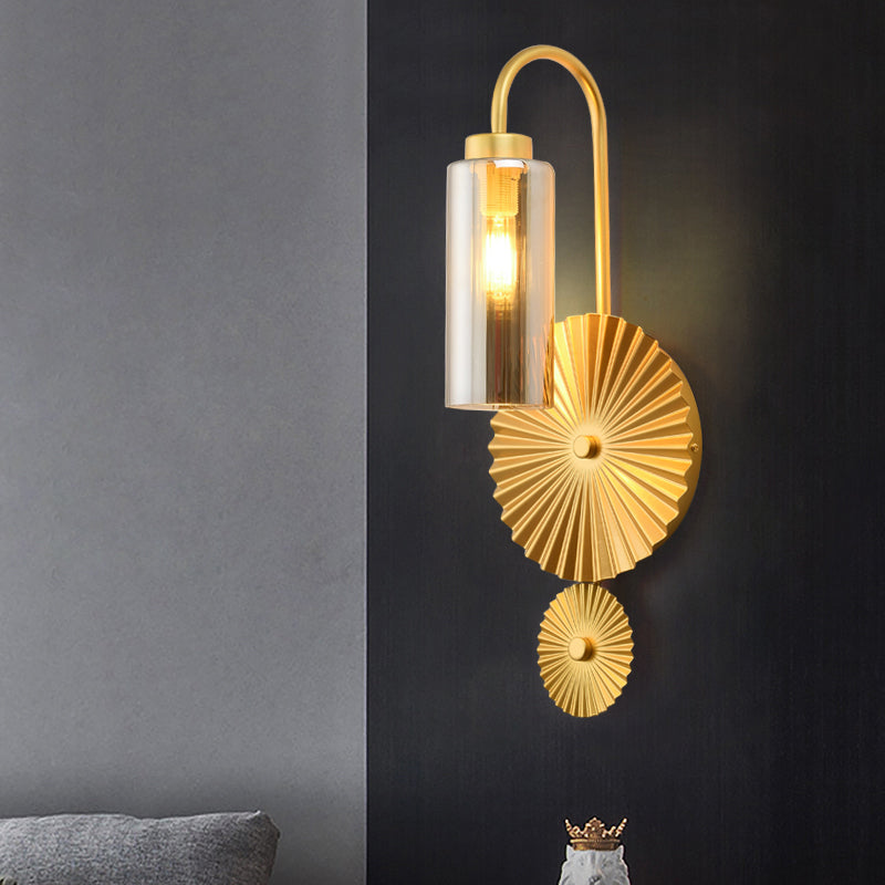 Retro Gooseneck Wall Lamp 1-Light Amber/Clear/Smoke Gray Glass Wall Light Sconce with Lotus Leaf Design Smoke Gray Clearhalo 'Cast Iron' 'Glass' 'Industrial' 'Modern wall lights' 'Modern' 'Tiffany' 'Traditional wall lights' 'Wall Lamps & Sconces' 'Wall Lights' Lighting' 275290